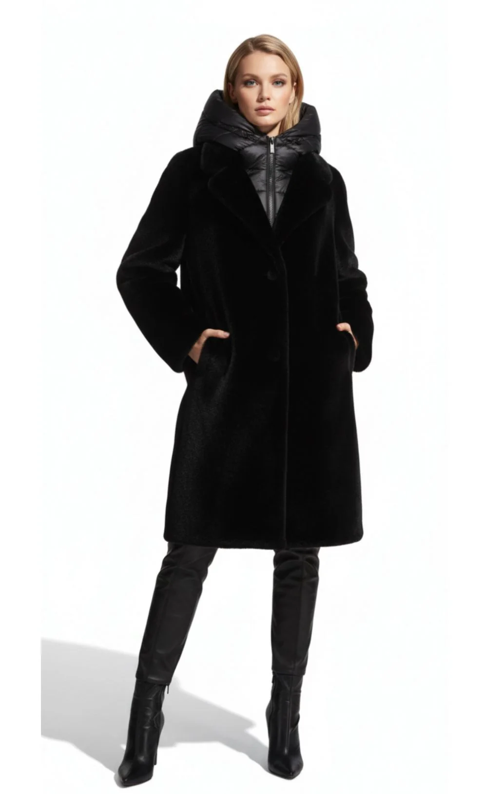 Abrigo Teddy Combinado Negro